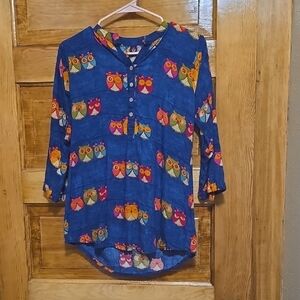 Blue Long Sleeve Owl Blouse M